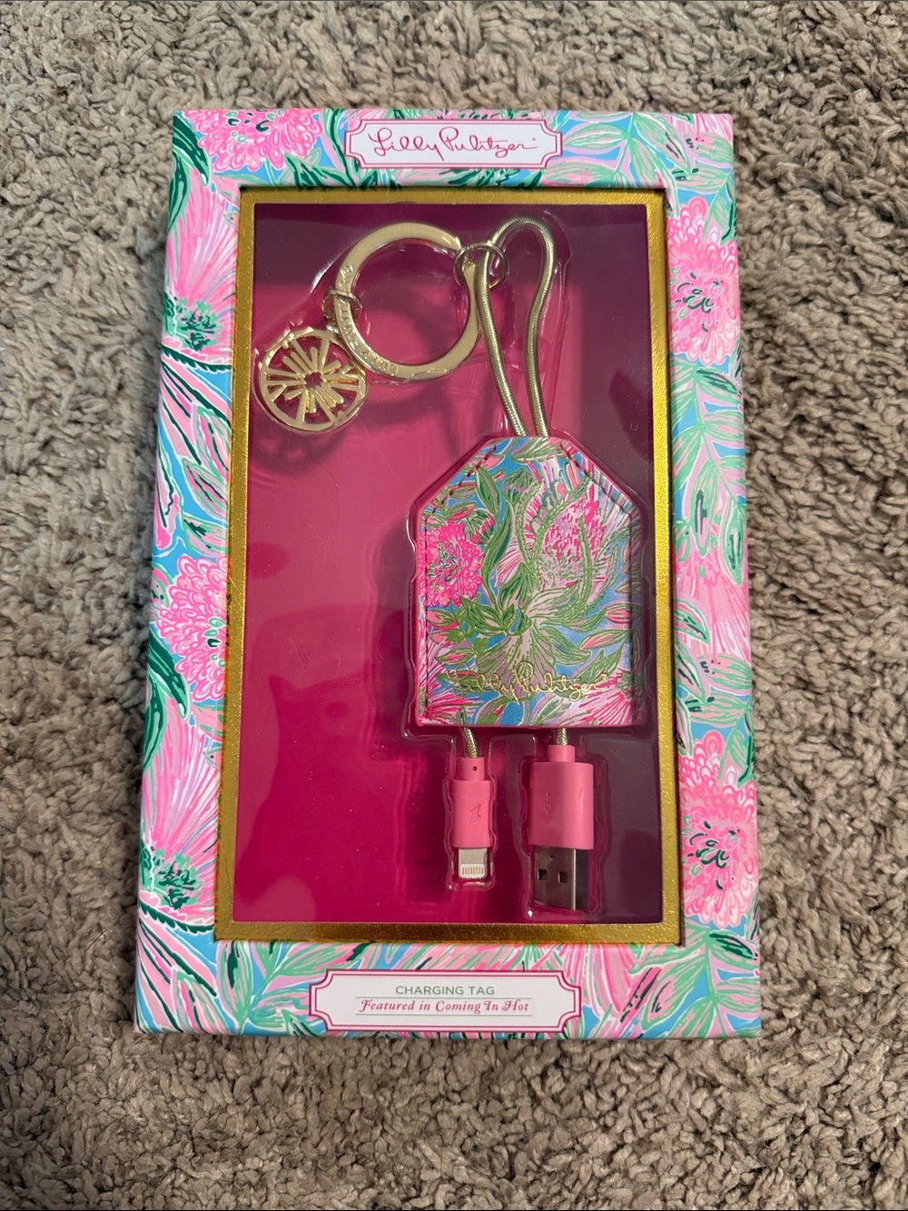 Lilly Pulitzer Pink Floral Keychain Charging Tag with Gold Ring